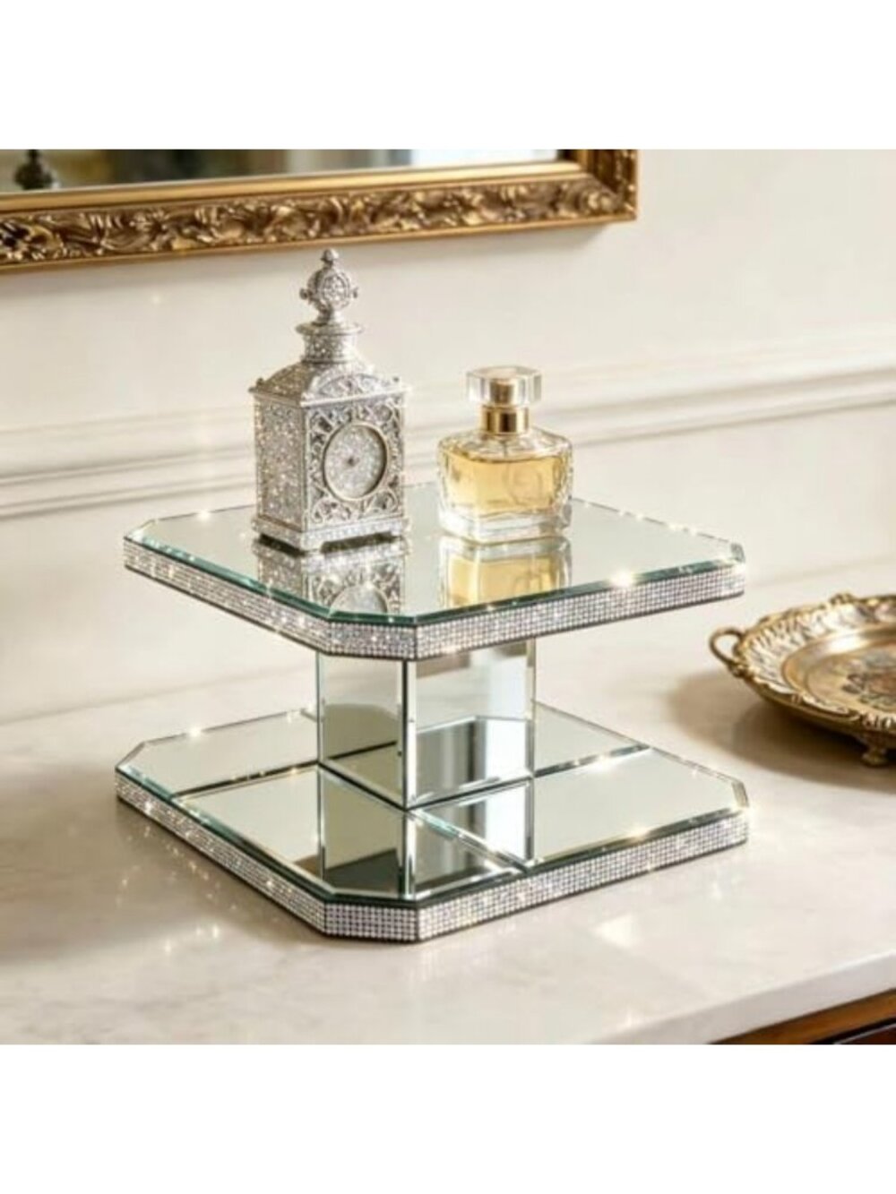 Two-Tier Mirrored Display Riser with Rhinestone Trim - Decorative Glass Stand - Picture 4 of 7